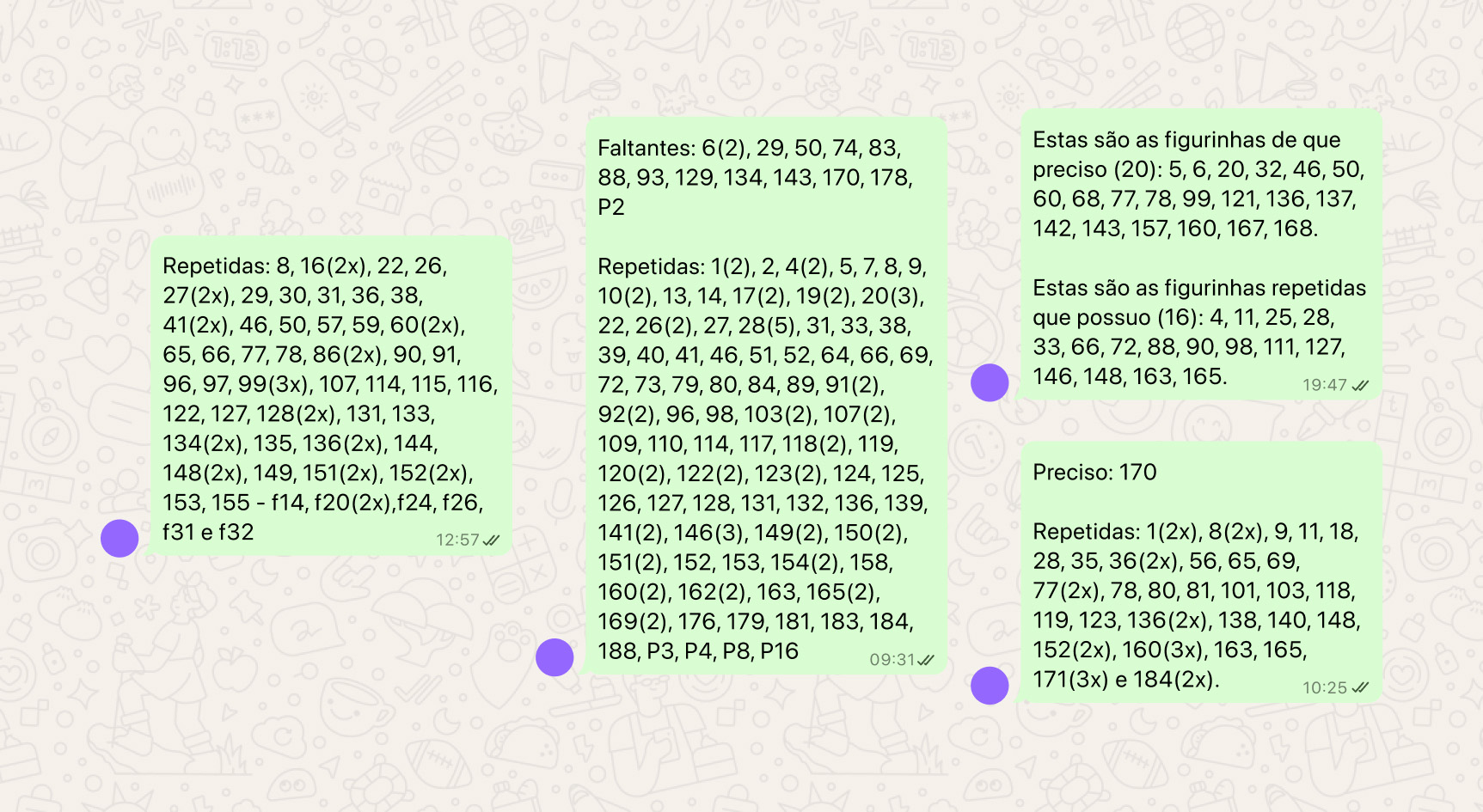 Ilustração mostrando balões de conversa do WhatsApp cheios de listas de números desorganizados, representando a alta carga cognitiva antes do aplicativo.