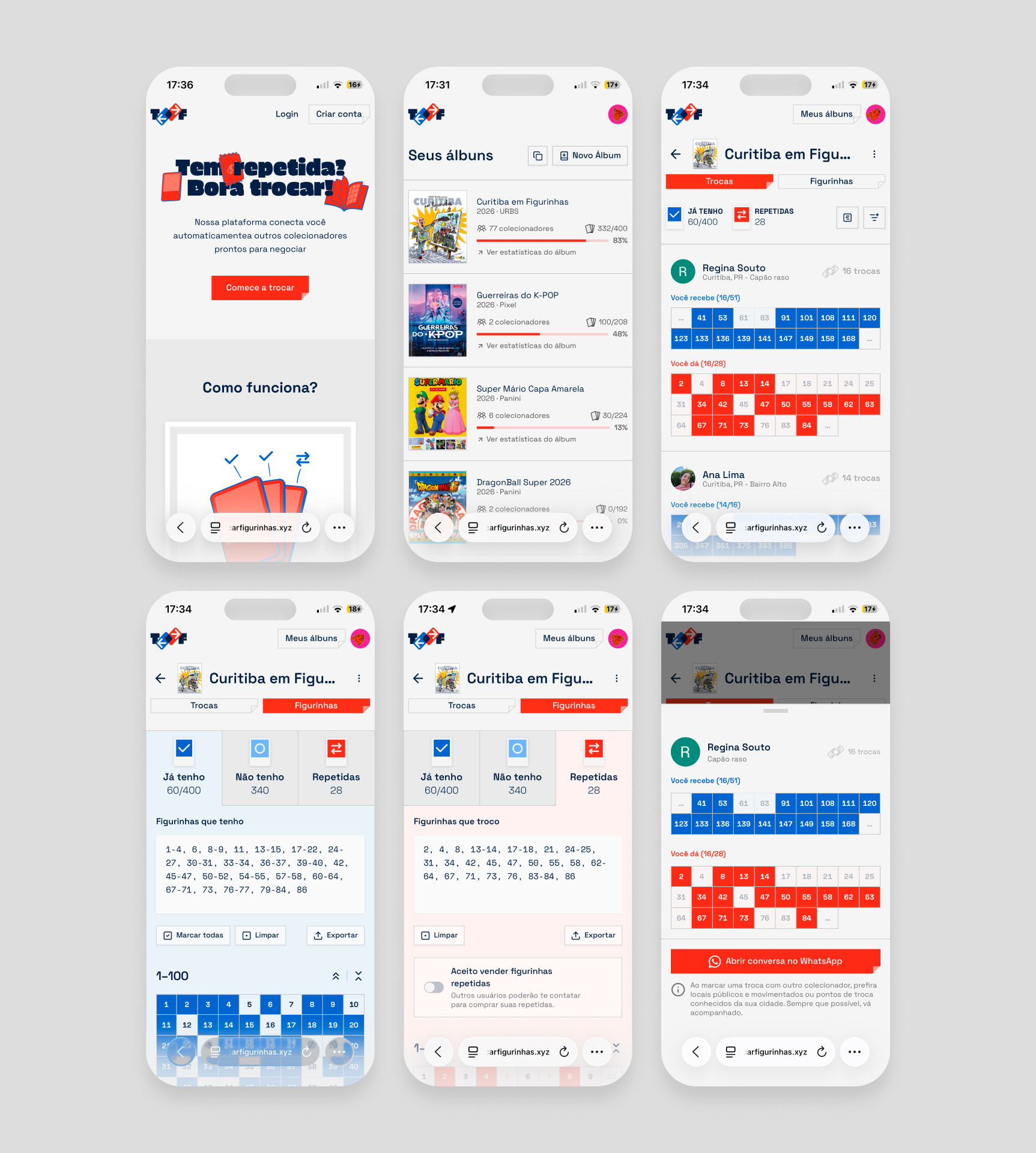 Esquema visual demonstrando a jornada do usuário no app: começa na inserção rápida de figurinhas, passa pelo filtro de matches inteligentes e termina na conexão real através do WhatsApp.