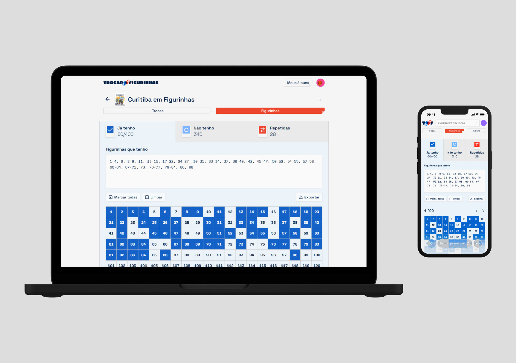 Mockup de um notebook e um smartphone exibindo a mesma interface da homepage do site 'Trocar Figurinhas'.